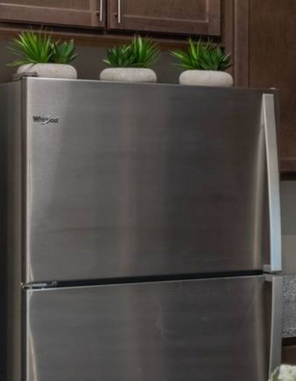Attain at Harbour View luxury apartments with Stainless steel refrigerator with three small potted plants on top, under brown kitchen cabinets.