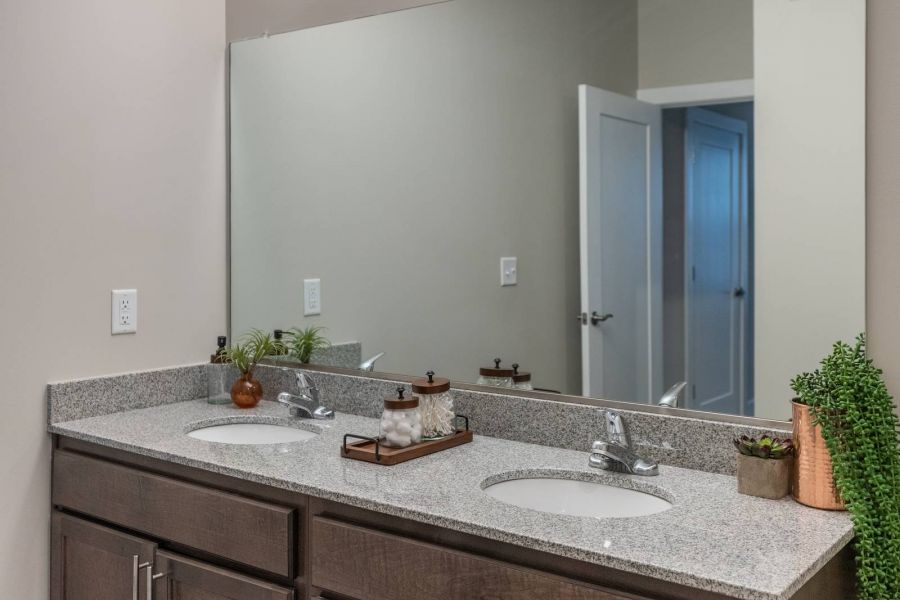 Attain at Harbour View luxury apartments with Modern bathroom with double sink vanity, large mirror, and decorative plants on the countertop.